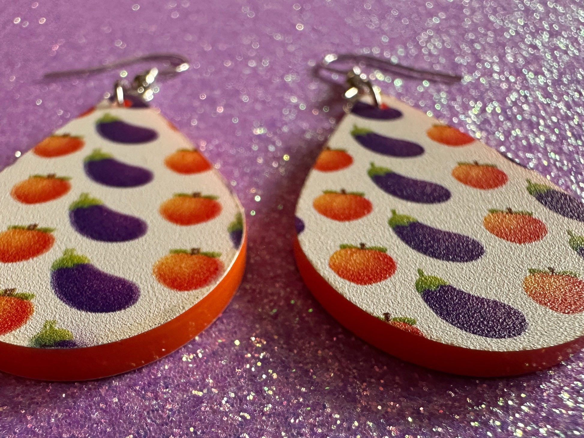 Eggplant & Peach Emoticon Earrings: Laser Cut Acrylic Emoji Earrings, Vegetable, Food, Naughty, Silly, Novelty, Best Gifts for Her/Him/Them