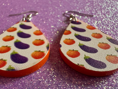 Eggplant & Peach Emoticon Earrings: Laser Cut Acrylic Emoji Earrings, Vegetable, Food, Naughty, Silly, Novelty, Best Gifts for Her/Him/Them
