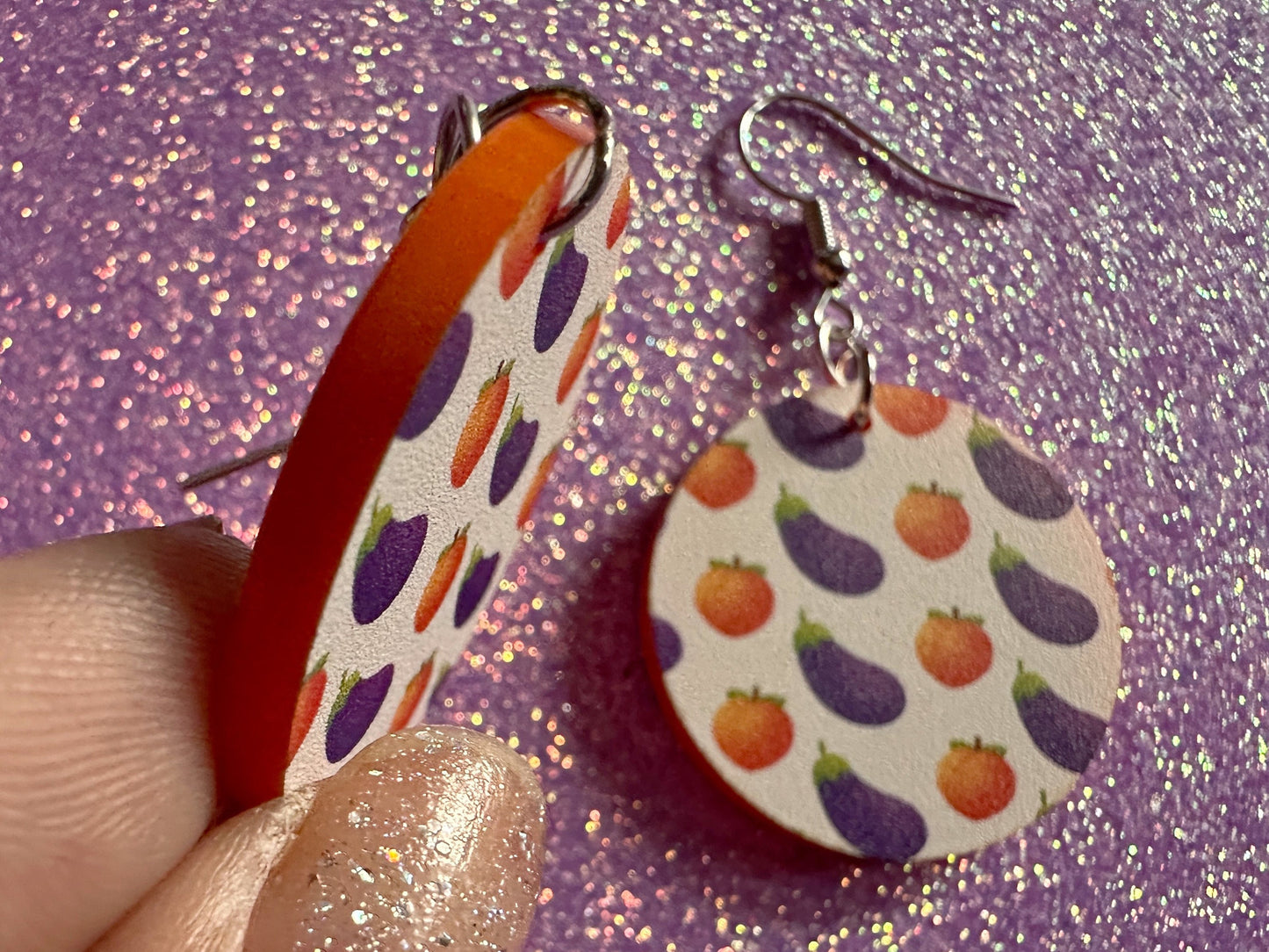 Eggplant & Peach Emoticon Earrings: Laser Cut Acrylic Emoji Earrings, Vegetable, Food, Naughty, Silly, Novelty, Best Gifts for Her/Him/Them