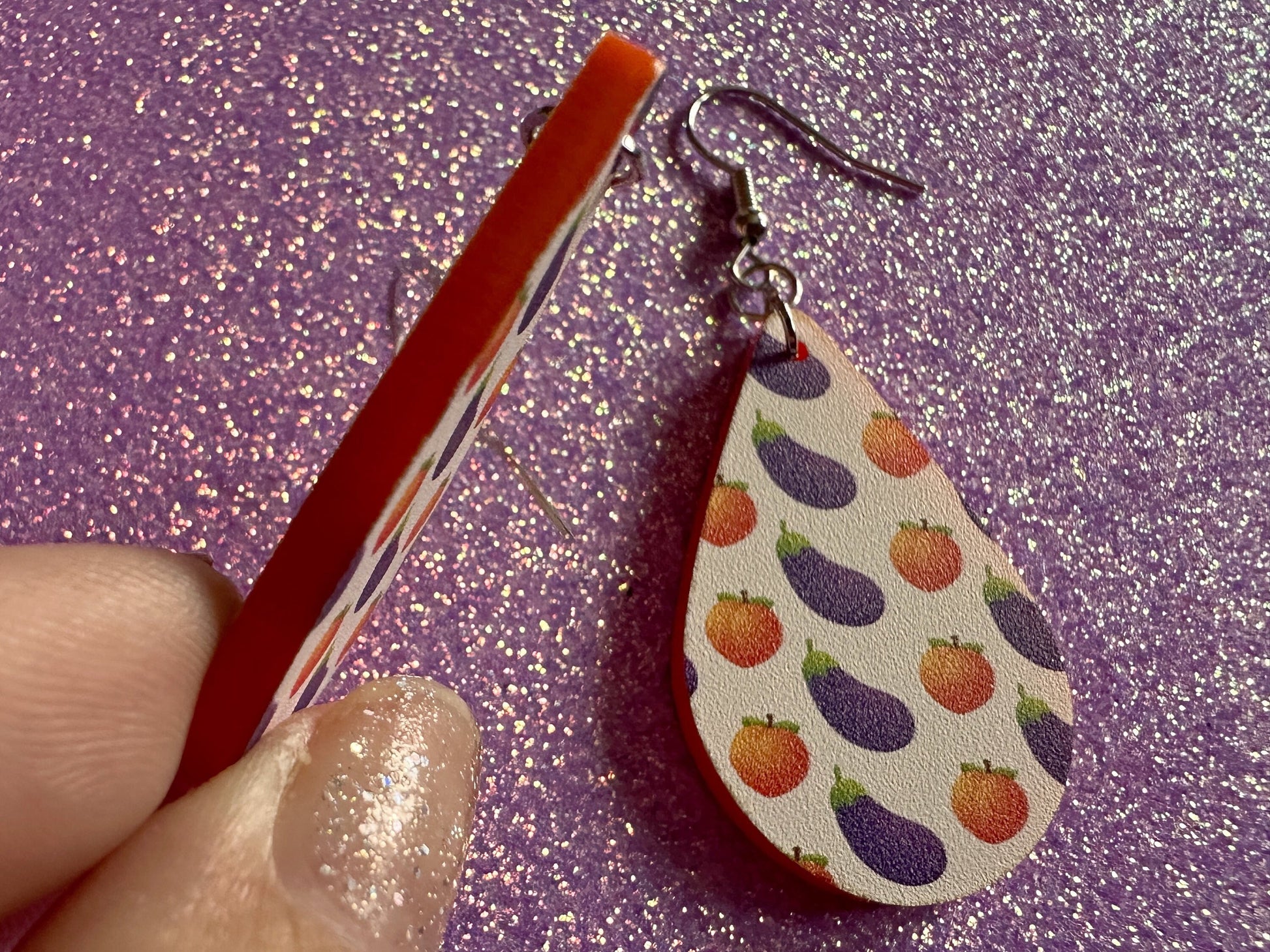 Eggplant & Peach Emoticon Earrings: Laser Cut Acrylic Emoji Earrings, Vegetable, Food, Naughty, Silly, Novelty, Best Gifts for Her/Him/Them