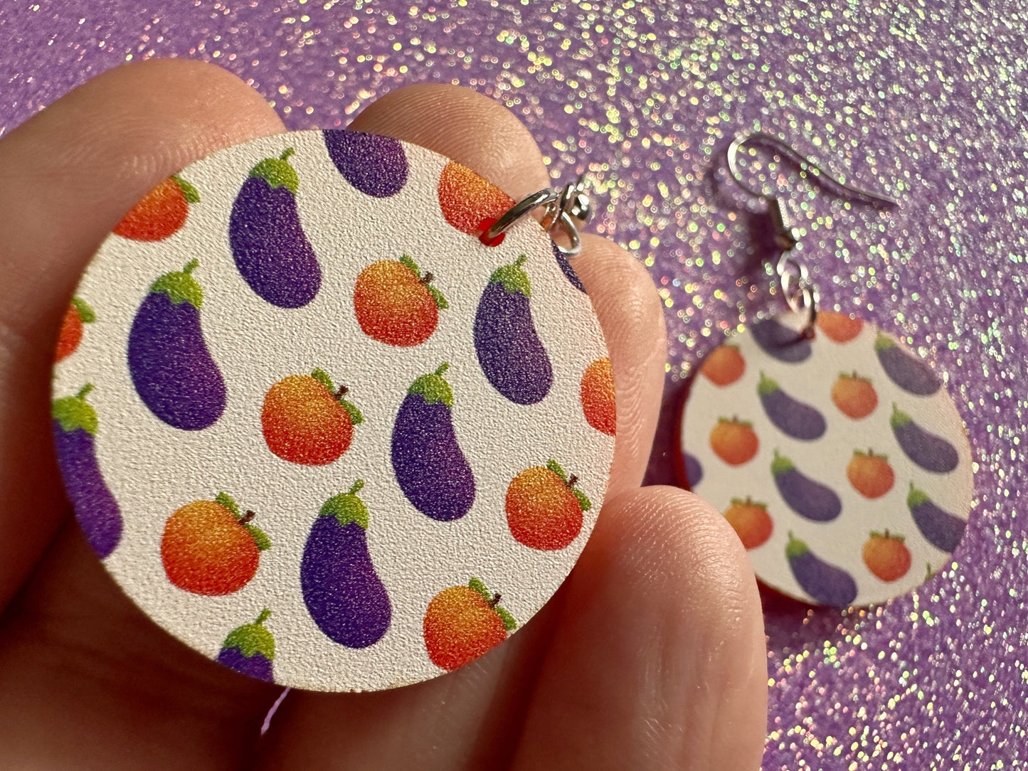 Eggplant & Peach Emoticon Earrings: Laser Cut Acrylic Emoji Earrings, Vegetable, Food, Naughty, Silly, Novelty, Best Gifts for Her/Him/Them