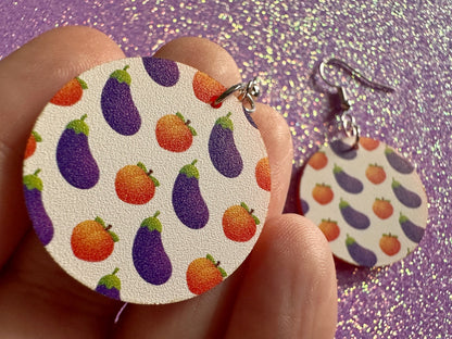 Eggplant & Peach Emoticon Earrings: Laser Cut Acrylic Emoji Earrings, Vegetable, Food, Naughty, Silly, Novelty, Best Gifts for Her/Him/Them