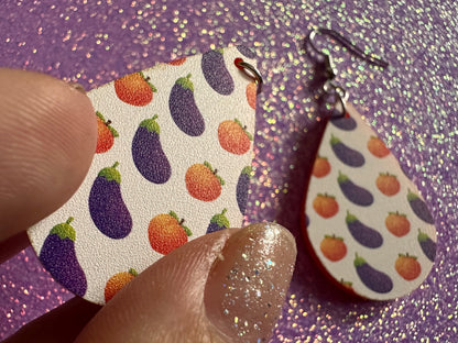 Eggplant & Peach Emoticon Earrings: Laser Cut Acrylic Emoji Earrings, Vegetable, Food, Naughty, Silly, Novelty, Best Gifts for Her/Him/Them