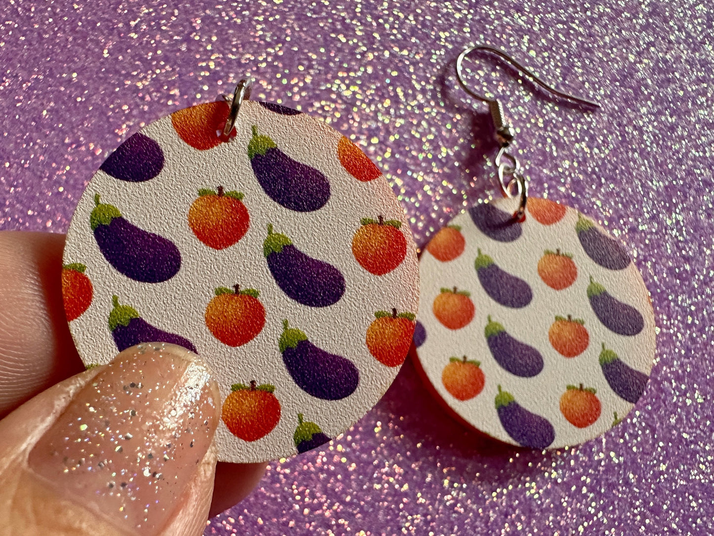 Eggplant & Peach Emoticon Earrings: Laser Cut Acrylic Emoji Earrings, Vegetable, Food, Naughty, Silly, Novelty, Best Gifts for Her/Him/Them