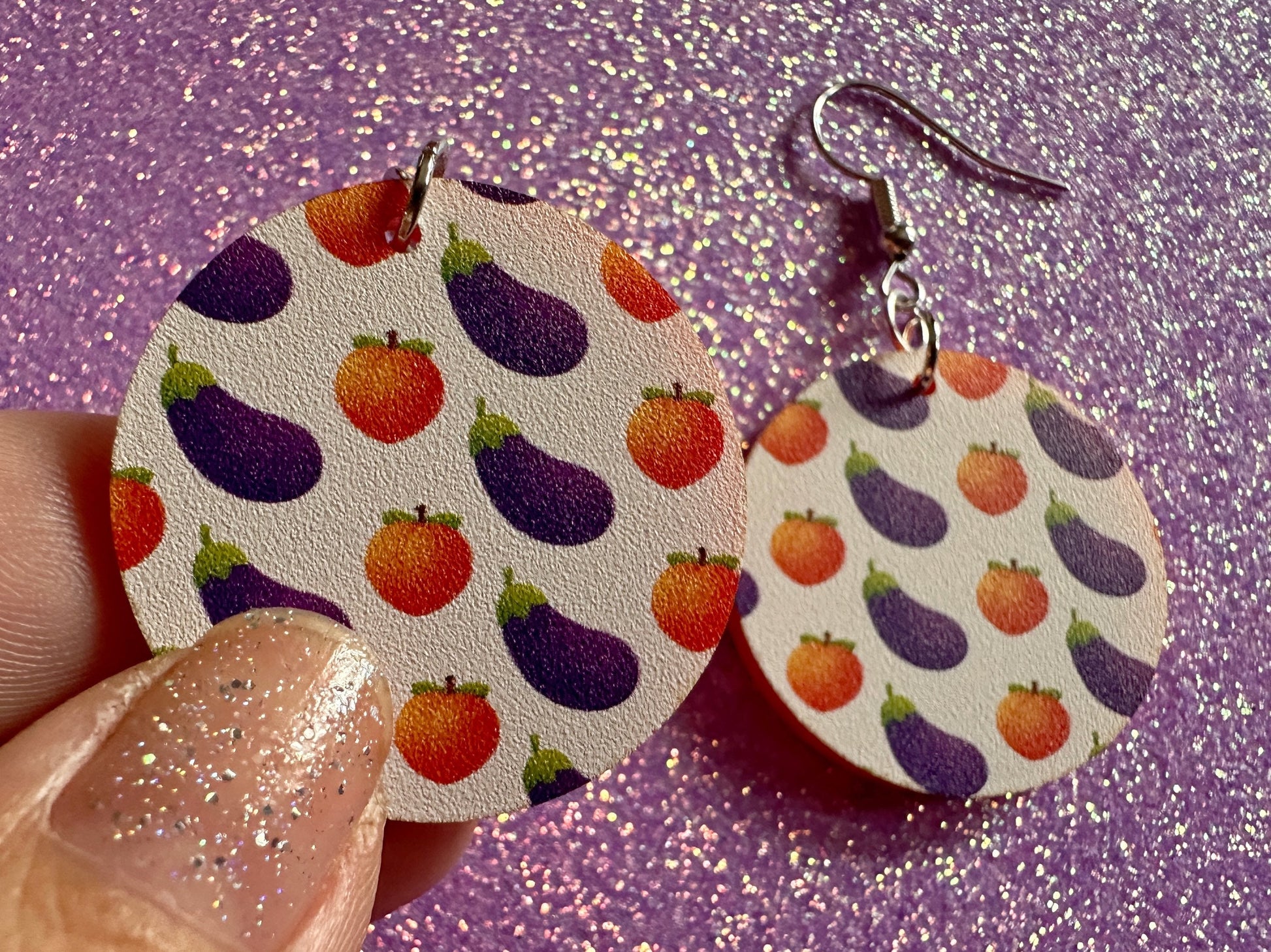 Eggplant & Peach Emoticon Earrings: Laser Cut Acrylic Emoji Earrings, Vegetable, Food, Naughty, Silly, Novelty, Best Gifts for Her/Him/Them