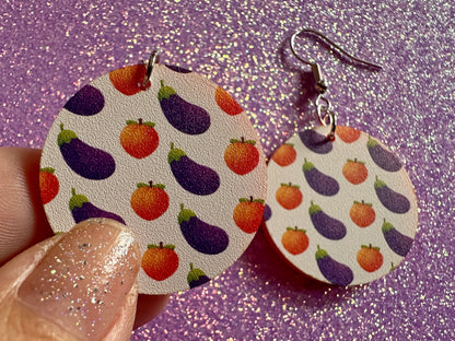 Eggplant & Peach Emoticon Earrings: Laser Cut Acrylic Emoji Earrings, Vegetable, Food, Naughty, Silly, Novelty, Best Gifts for Her/Him/Them