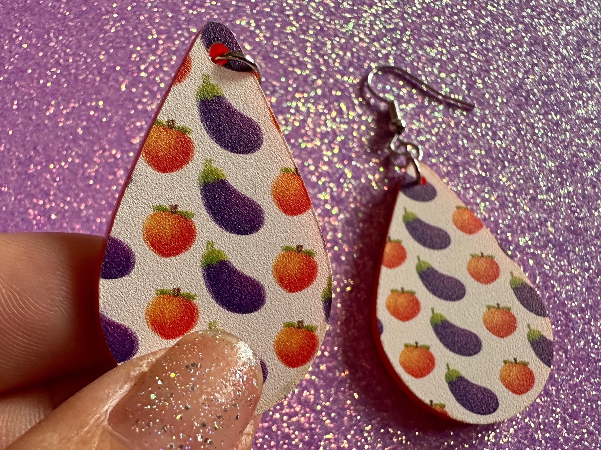 Eggplant & Peach Emoticon Earrings: Laser Cut Acrylic Emoji Earrings, Vegetable, Food, Naughty, Silly, Novelty, Best Gifts for Her/Him/Them