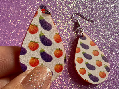 Eggplant & Peach Emoticon Earrings: Laser Cut Acrylic Emoji Earrings, Vegetable, Food, Naughty, Silly, Novelty, Best Gifts for Her/Him/Them