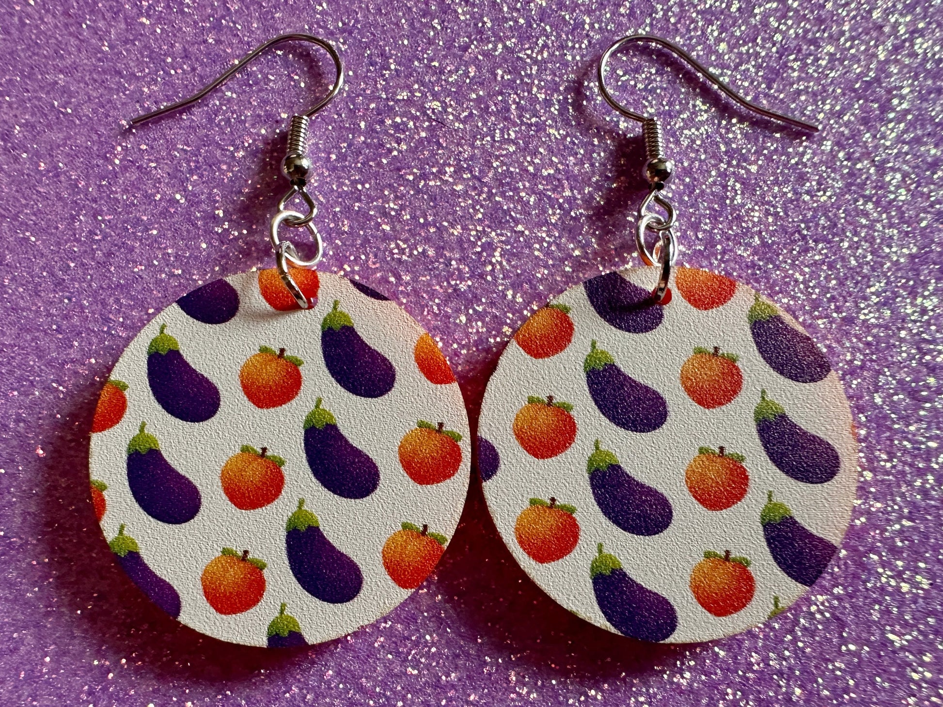 Eggplant & Peach Emoticon Earrings: Laser Cut Acrylic Emoji Earrings, Vegetable, Food, Naughty, Silly, Novelty, Best Gifts for Her/Him/Them