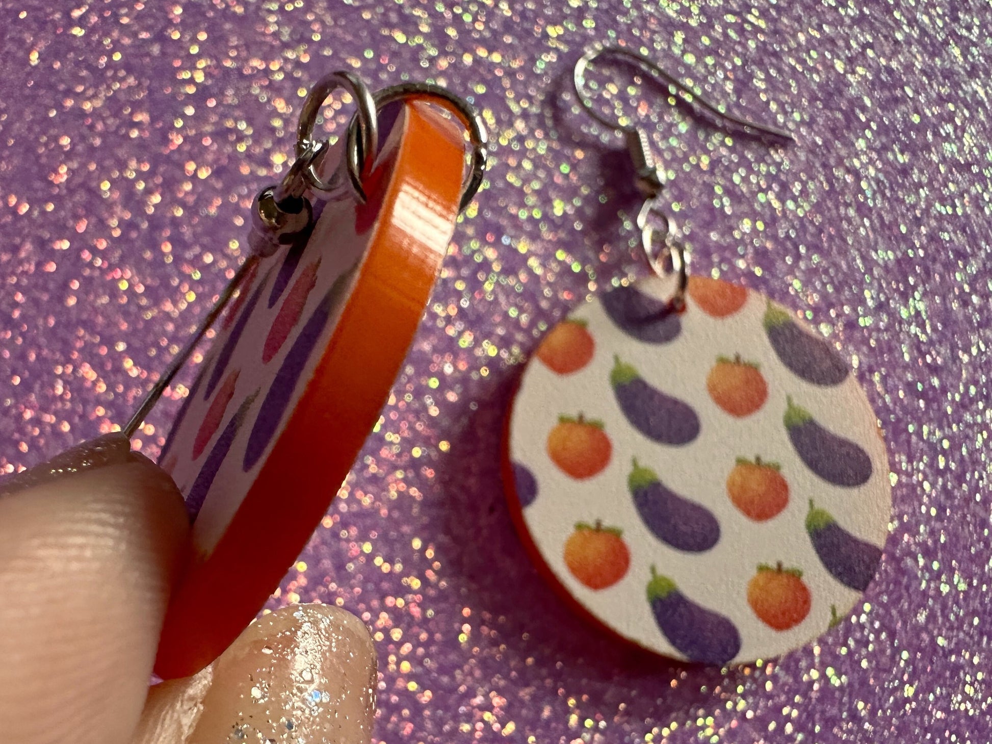 Eggplant & Peach Emoticon Earrings: Laser Cut Acrylic Emoji Earrings, Vegetable, Food, Naughty, Silly, Novelty, Best Gifts for Her/Him/Them