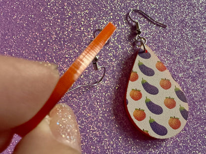 Eggplant & Peach Emoticon Earrings: Laser Cut Acrylic Emoji Earrings, Vegetable, Food, Naughty, Silly, Novelty, Best Gifts for Her/Him/Them