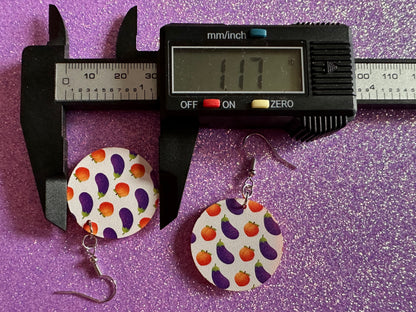 Eggplant & Peach Emoticon Earrings: Laser Cut Acrylic Emoji Earrings, Vegetable, Food, Naughty, Silly, Novelty, Best Gifts for Her/Him/Them