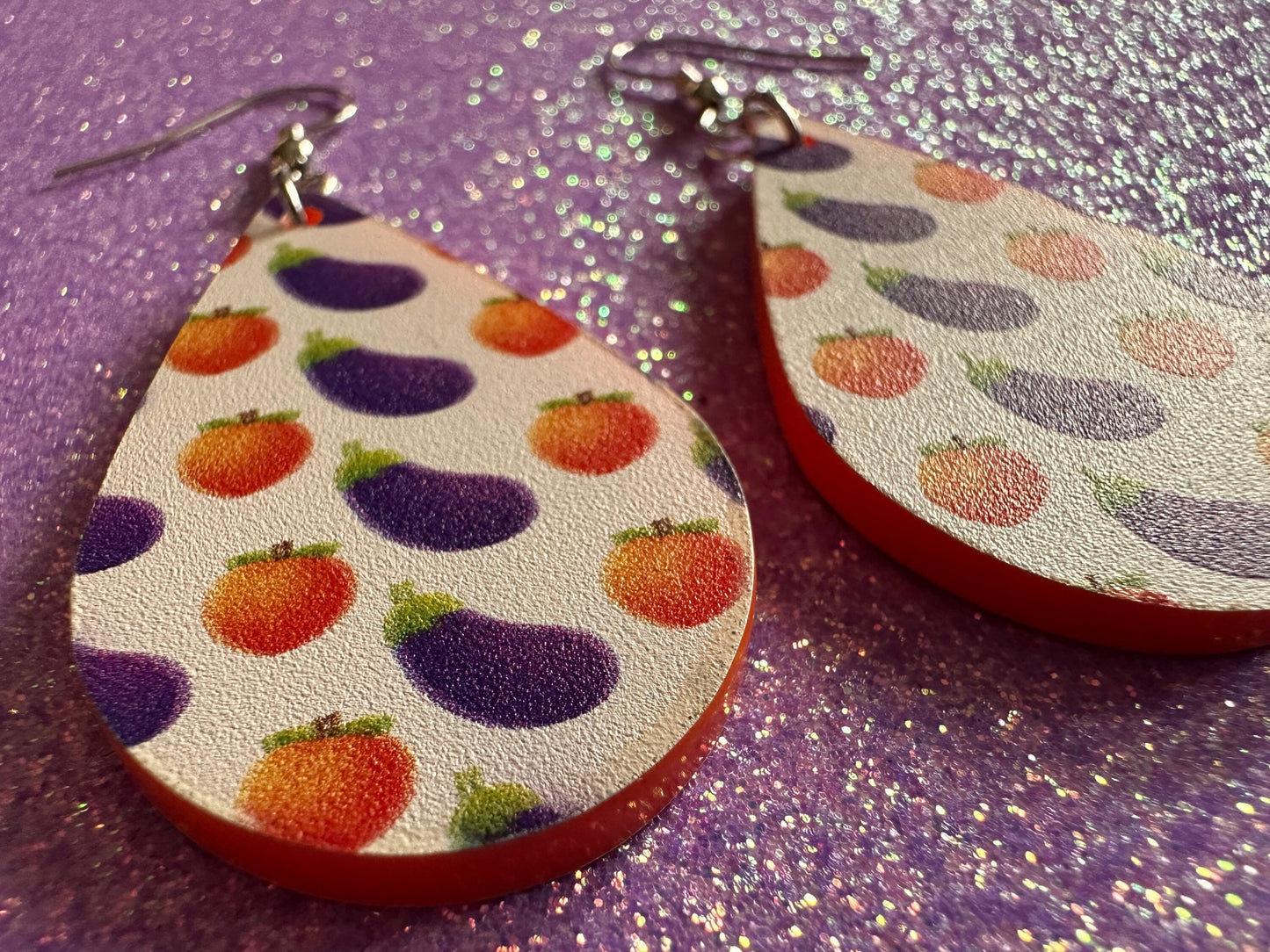 Eggplant & Peach Emoticon Earrings: Laser Cut Acrylic Emoji Earrings, Vegetable, Food, Naughty, Silly, Novelty, Best Gifts for Her/Him/Them