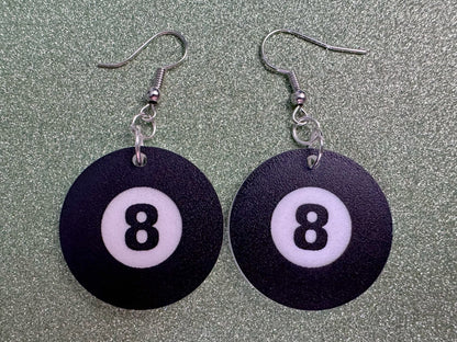 Eight Ball Earrings: Laser Cut Acrylic 8 Balls, Eight Ball Pool Balls, Billiard, Pool Rack, Sports, Hobby, Pub, Best Gifts for Her/Him/Them