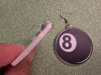 Eight Ball Earrings: Laser Cut Acrylic 8 Balls, Eight Ball Pool Balls, Billiard, Pool Rack, Sports, Hobby, Pub, Best Gifts for Her/Him/Them