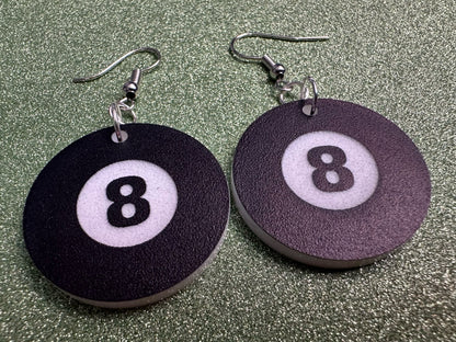 Eight Ball Earrings: Laser Cut Acrylic 8 Balls, Eight Ball Pool Balls, Billiard, Pool Rack, Sports, Hobby, Pub, Best Gifts for Her/Him/Them