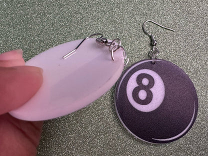 Eight Ball Earrings: Laser Cut Acrylic 8 Balls, Eight Ball Pool Balls, Billiard, Pool Rack, Sports, Hobby, Pub, Best Gifts for Her/Him/Them