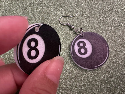 Eight Ball Earrings: Laser Cut Acrylic 8 Balls, Eight Ball Pool Balls, Billiard, Pool Rack, Sports, Hobby, Pub, Best Gifts for Her/Him/Them