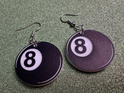 Eight Ball Earrings: Laser Cut Acrylic 8 Balls, Eight Ball Pool Balls, Billiard, Pool Rack, Sports, Hobby, Pub, Best Gifts for Her/Him/Them