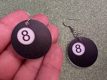 Eight Ball Earrings: Laser Cut Acrylic 8 Balls, Eight Ball Pool Balls, Billiard, Pool Rack, Sports, Hobby, Pub, Best Gifts for Her/Him/Them