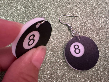Eight Ball Earrings: Laser Cut Acrylic 8 Balls, Eight Ball Pool Balls, Billiard, Pool Rack, Sports, Hobby, Pub, Best Gifts for Her/Him/Them