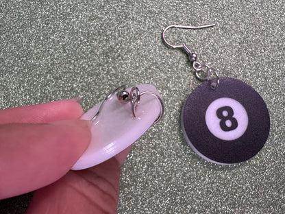 Eight Ball Earrings: Laser Cut Acrylic 8 Balls, Eight Ball Pool Balls, Billiard, Pool Rack, Sports, Hobby, Pub, Best Gifts for Her/Him/Them