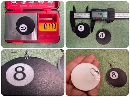 Eight Ball Earrings: Laser Cut Acrylic 8 Balls, Eight Ball Pool Balls, Billiard, Pool Rack, Sports, Hobby, Pub, Best Gifts for Her/Him/Them