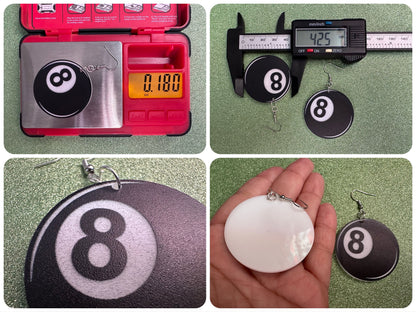 Eight Ball Earrings: Laser Cut Acrylic 8 Balls, Eight Ball Pool Balls, Billiard, Pool Rack, Sports, Hobby, Pub, Best Gifts for Her/Him/Them