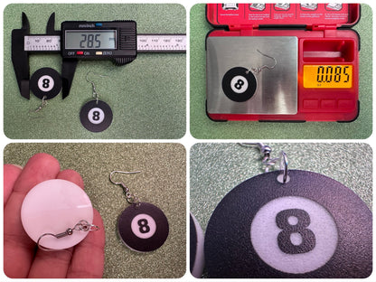 Eight Ball Earrings: Laser Cut Acrylic 8 Balls, Eight Ball Pool Balls, Billiard, Pool Rack, Sports, Hobby, Pub, Best Gifts for Her/Him/Them