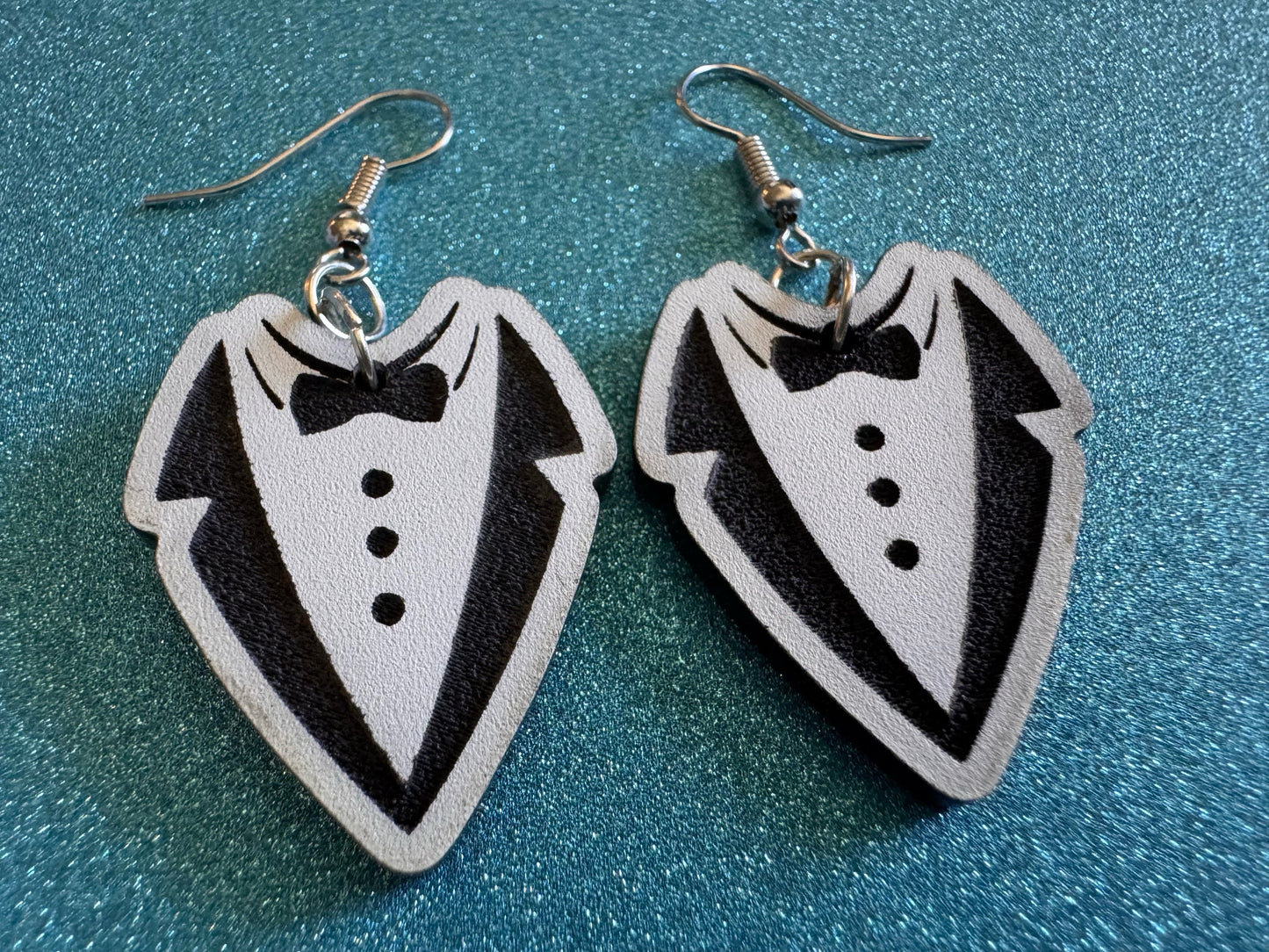 Fancy Suit Earrings: Laser Cut Acrylic Suit, Groom Gift, Formal Trousers, Pants, Bow Tie, Novelty, Gag Gift, Best Gifts for Her/Him/Them