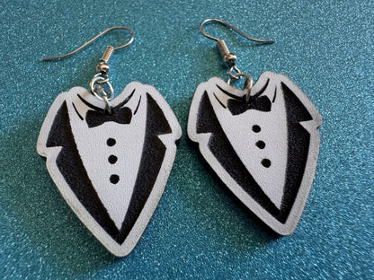 Fancy Suit Earrings: Laser Cut Acrylic Suit, Groom Gift, Formal Trousers, Pants, Bow Tie, Novelty, Gag Gift, Best Gifts for Her/Him/Them