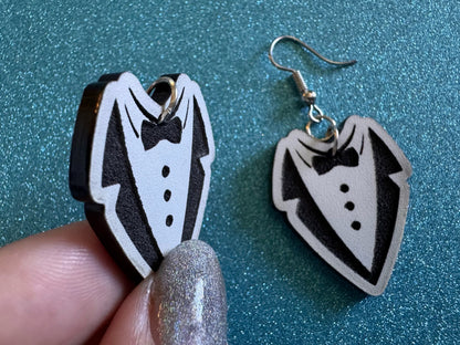 Fancy Suit Earrings: Laser Cut Acrylic Suit, Groom Gift, Formal Trousers, Pants, Bow Tie, Novelty, Gag Gift, Best Gifts for Her/Him/Them