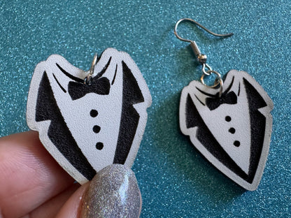 Fancy Suit Earrings: Laser Cut Acrylic Suit, Groom Gift, Formal Trousers, Pants, Bow Tie, Novelty, Gag Gift, Best Gifts for Her/Him/Them