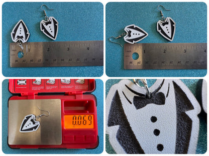 Fancy Suit Earrings: Laser Cut Acrylic Suit, Groom Gift, Formal Trousers, Pants, Bow Tie, Novelty, Gag Gift, Best Gifts for Her/Him/Them