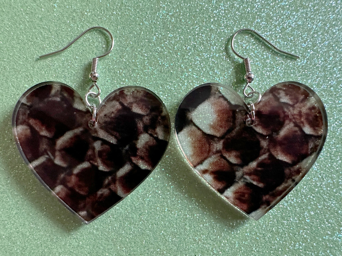 Faux Snake Skin Heart Earrings: Laser Cut Acrylic Snakes, Reptile, Zoo, Nope Rope, Halloween, Novelty, Snake Scales, Gifts for Her/Him/Them
