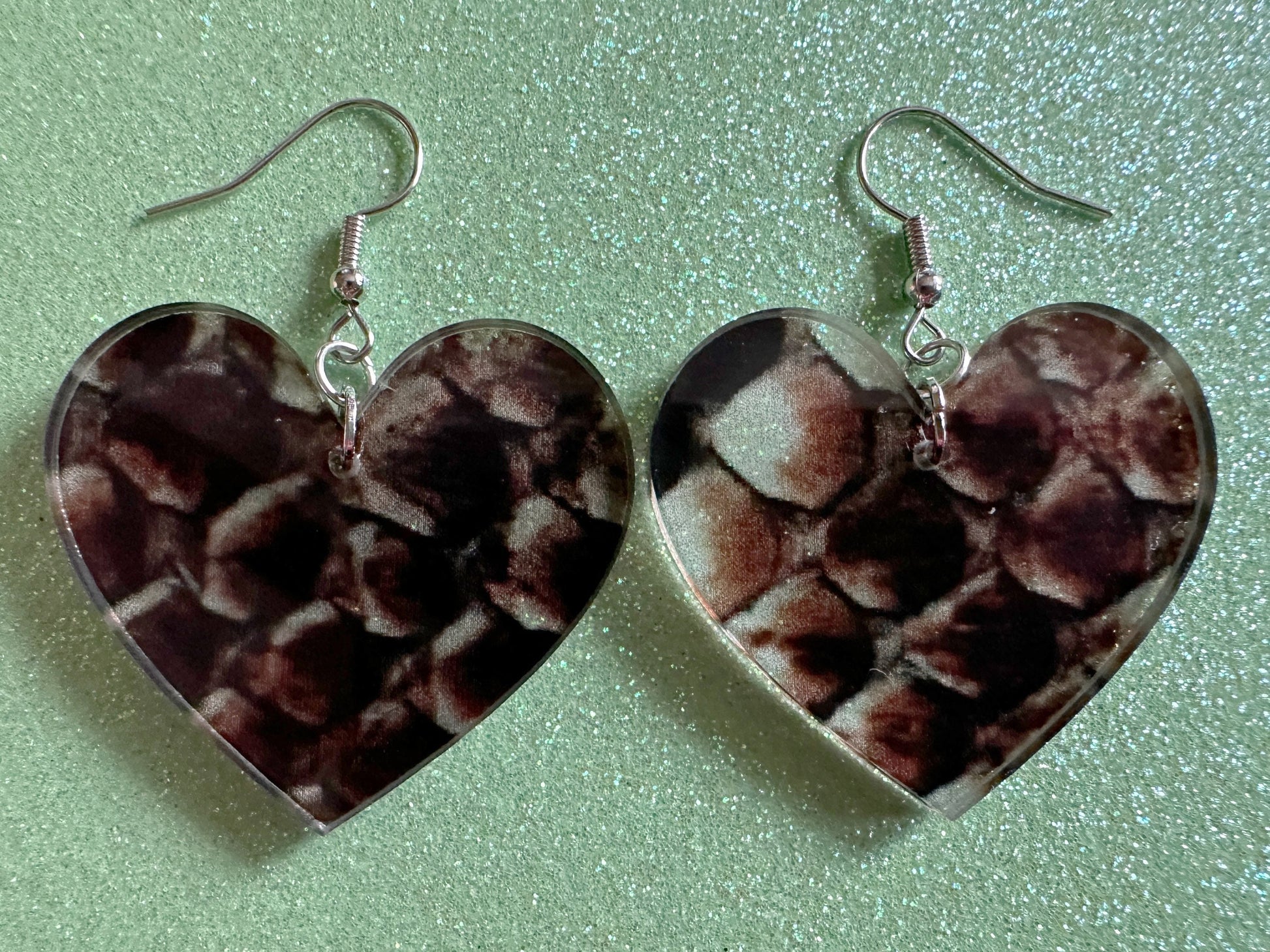 Faux Snake Skin Heart Earrings: Laser Cut Acrylic Snakes, Reptile, Zoo, Nope Rope, Halloween, Novelty, Snake Scales, Gifts for Her/Him/Them