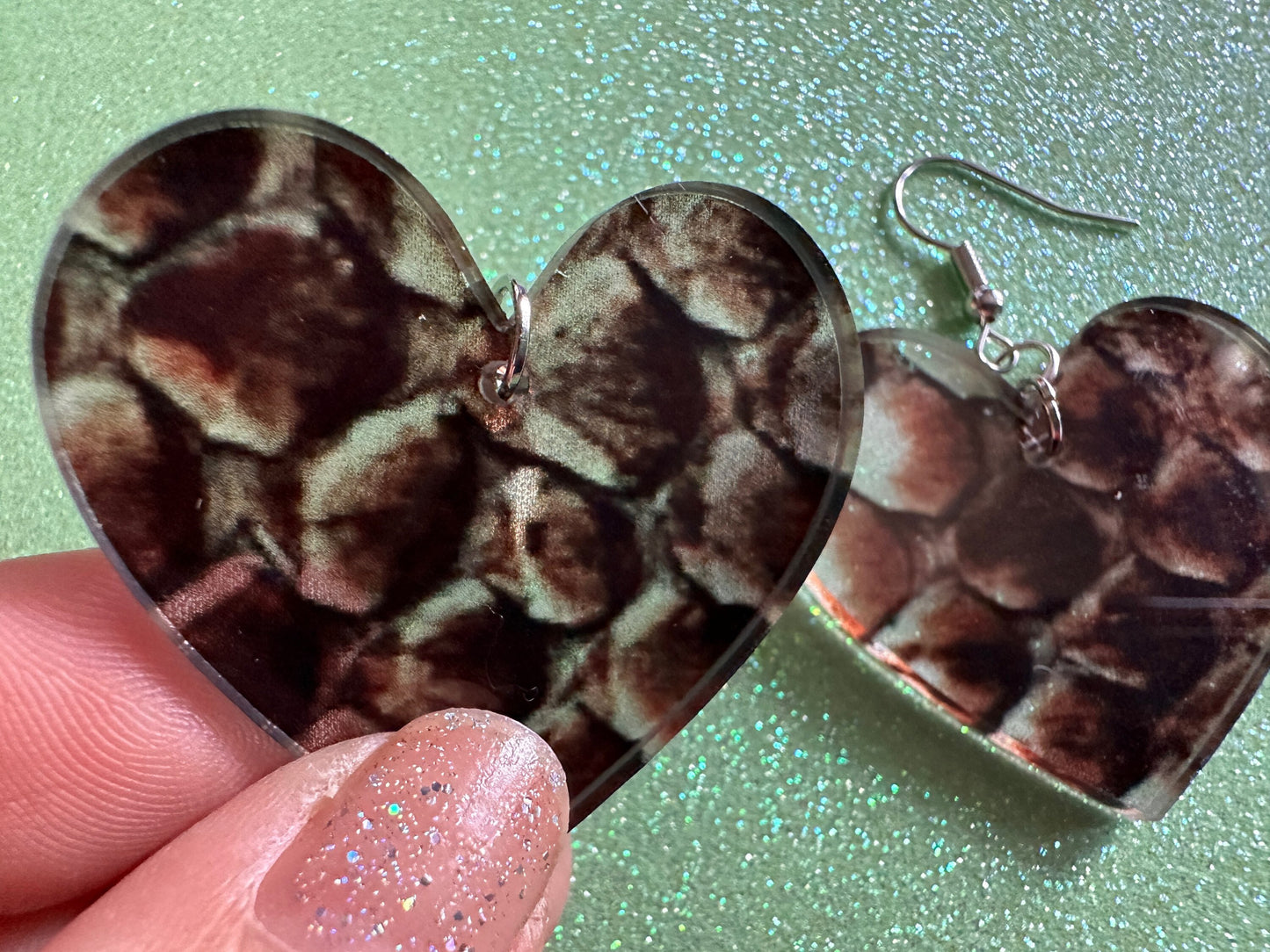 Faux Snake Skin Heart Earrings: Laser Cut Acrylic Snakes, Reptile, Zoo, Nope Rope, Halloween, Novelty, Snake Scales, Gifts for Her/Him/Them