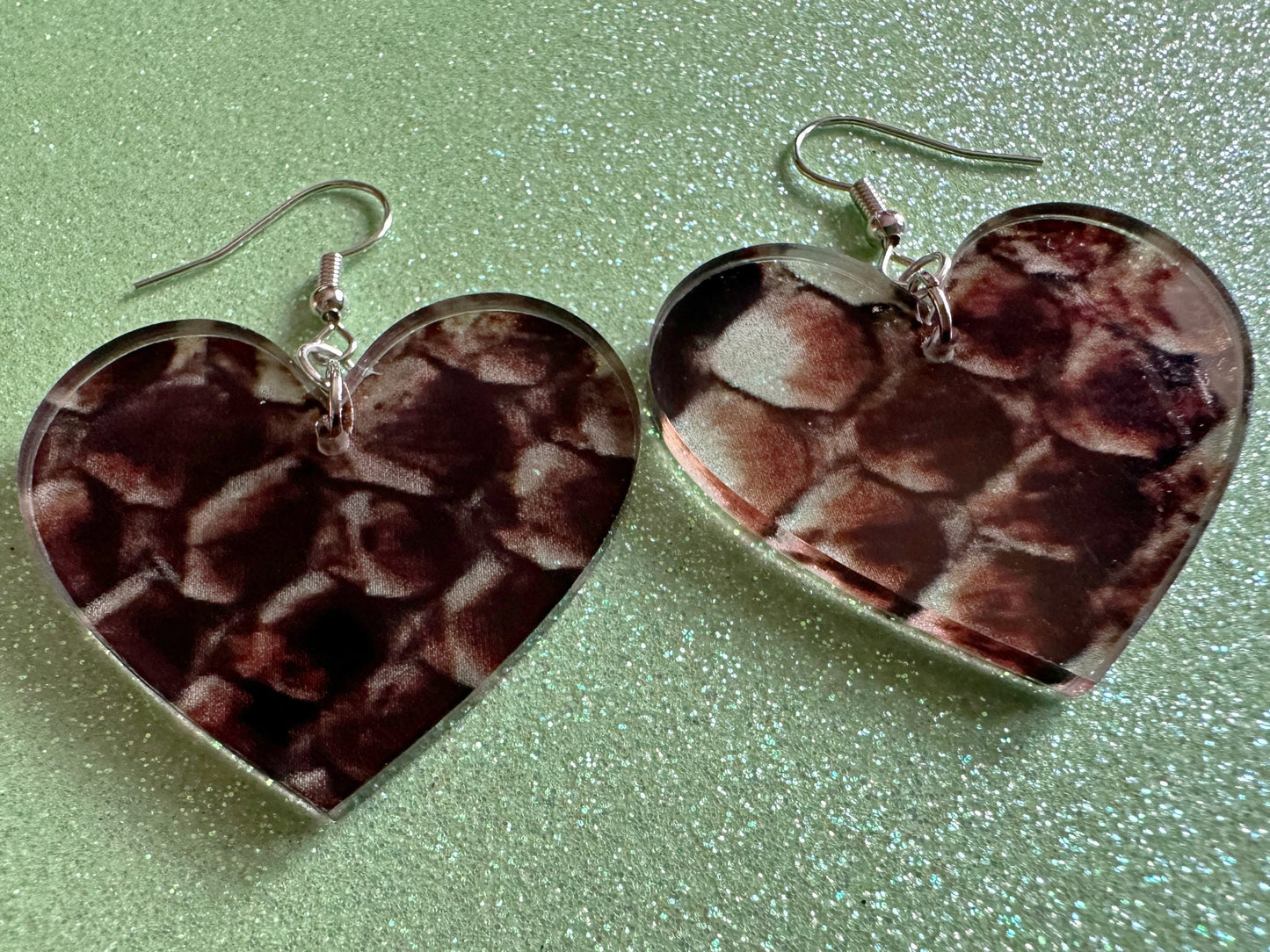 Faux Snake Skin Heart Earrings: Laser Cut Acrylic Snakes, Reptile, Zoo, Nope Rope, Halloween, Novelty, Snake Scales, Gifts for Her/Him/Them