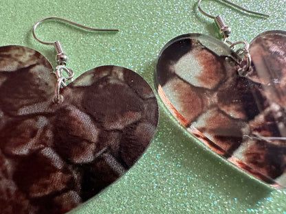 Faux Snake Skin Heart Earrings: Laser Cut Acrylic Snakes, Reptile, Zoo, Nope Rope, Halloween, Novelty, Snake Scales, Gifts for Her/Him/Them