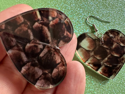 Faux Snake Skin Heart Earrings: Laser Cut Acrylic Snakes, Reptile, Zoo, Nope Rope, Halloween, Novelty, Snake Scales, Gifts for Her/Him/Them