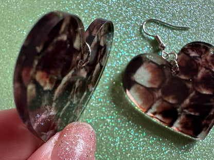 Faux Snake Skin Heart Earrings: Laser Cut Acrylic Snakes, Reptile, Zoo, Nope Rope, Halloween, Novelty, Snake Scales, Gifts for Her/Him/Them