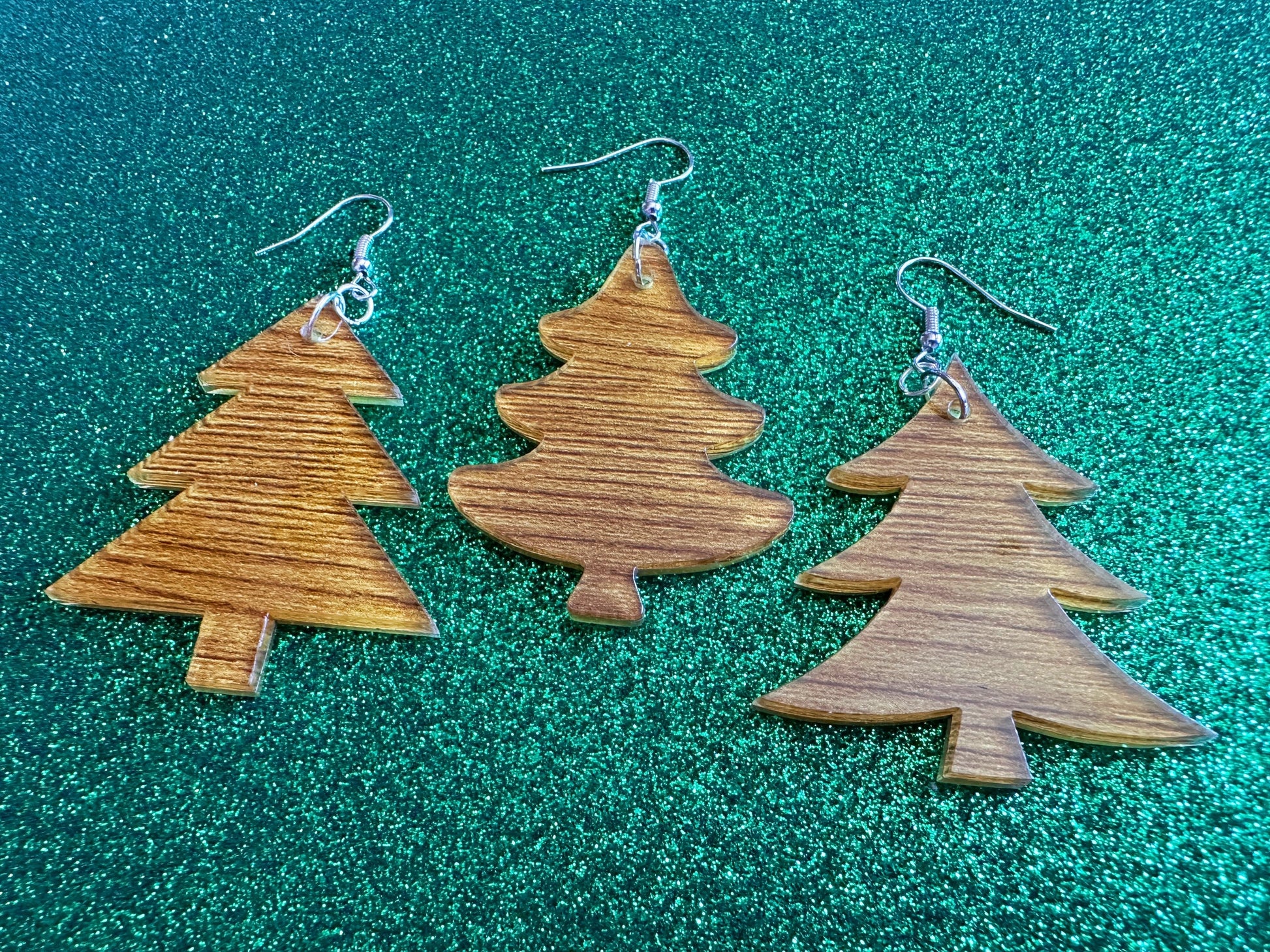 Faux Wood Christmas Tree Earrings: Laser Cut Acrylic Trees, Imitation Wood Earrings, Xmas, Winter, Gifts for Her/Him/Them