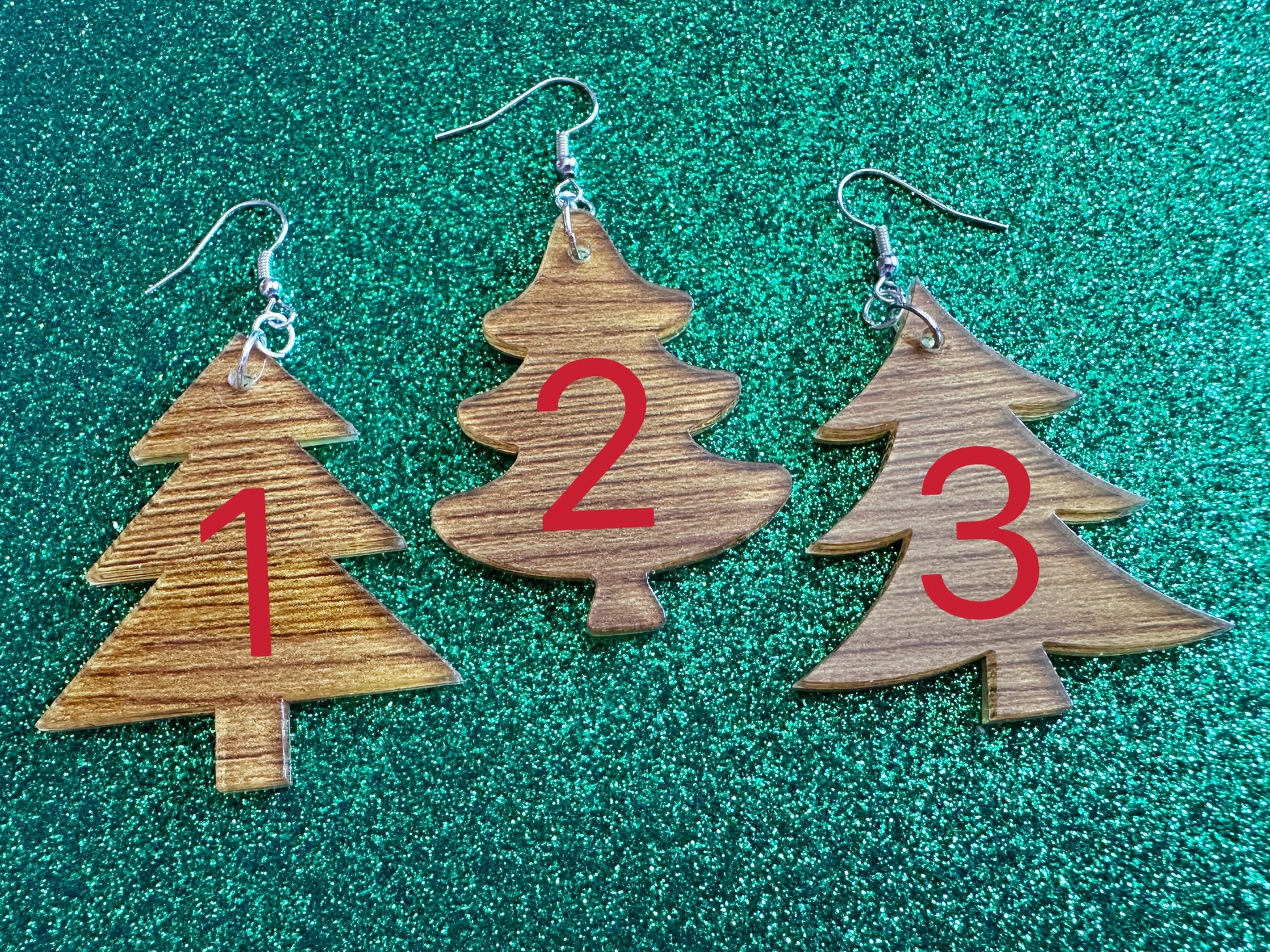 Faux Wood Christmas Tree Earrings: Laser Cut Acrylic Trees, Imitation Wood Earrings, Xmas, Winter, Gifts for Her/Him/Them