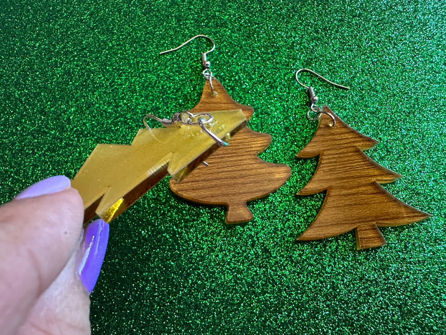 Faux Wood Christmas Tree Earrings: Laser Cut Acrylic Trees, Imitation Wood Earrings, Xmas, Winter, Gifts for Her/Him/Them