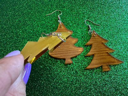 Faux Wood Christmas Tree Earrings: Laser Cut Acrylic Trees, Imitation Wood Earrings, Xmas, Winter, Gifts for Her/Him/Them