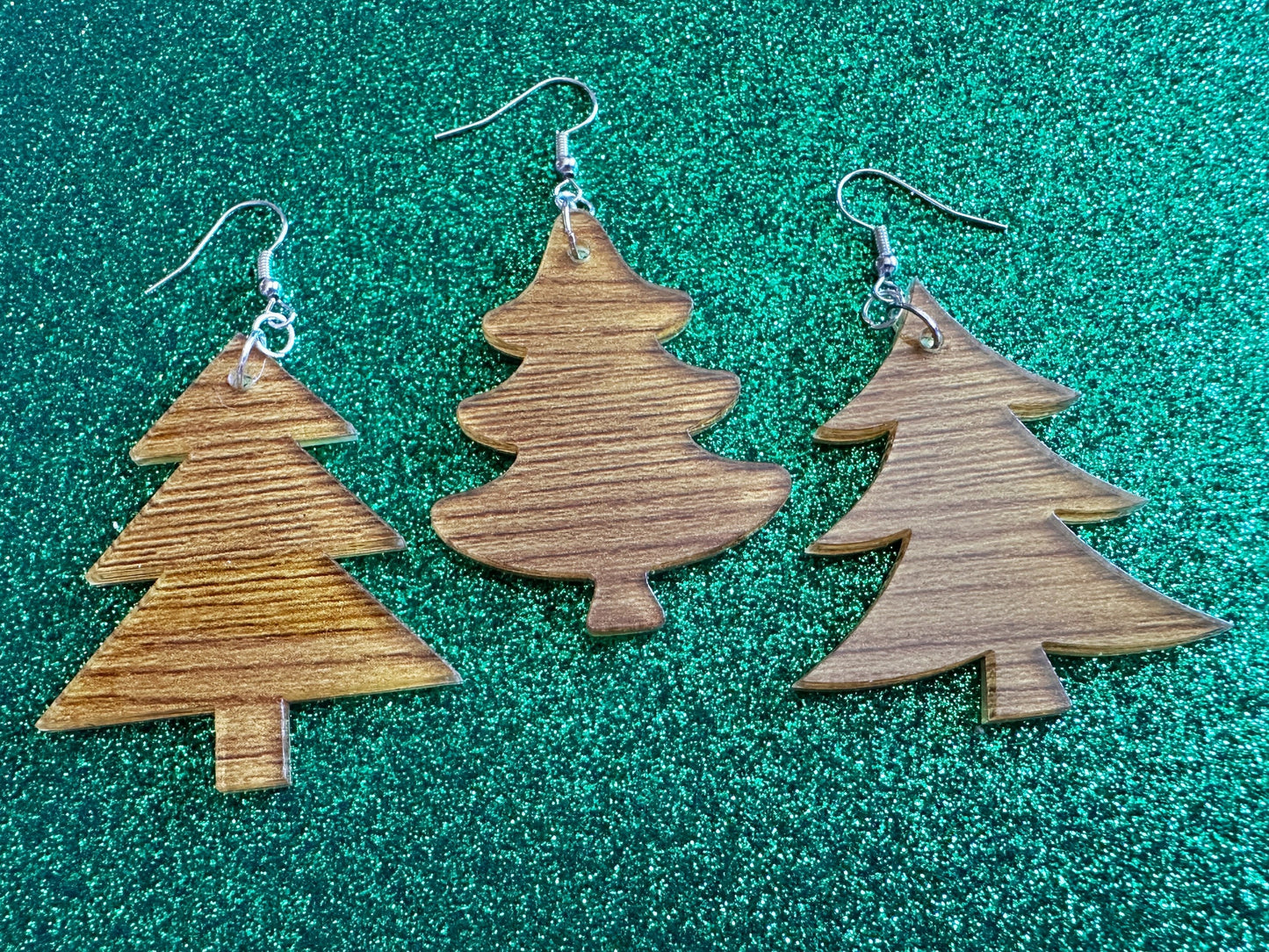 Faux Wood Christmas Tree Earrings: Laser Cut Acrylic Trees, Imitation Wood Earrings, Xmas, Winter, Gifts for Her/Him/Them