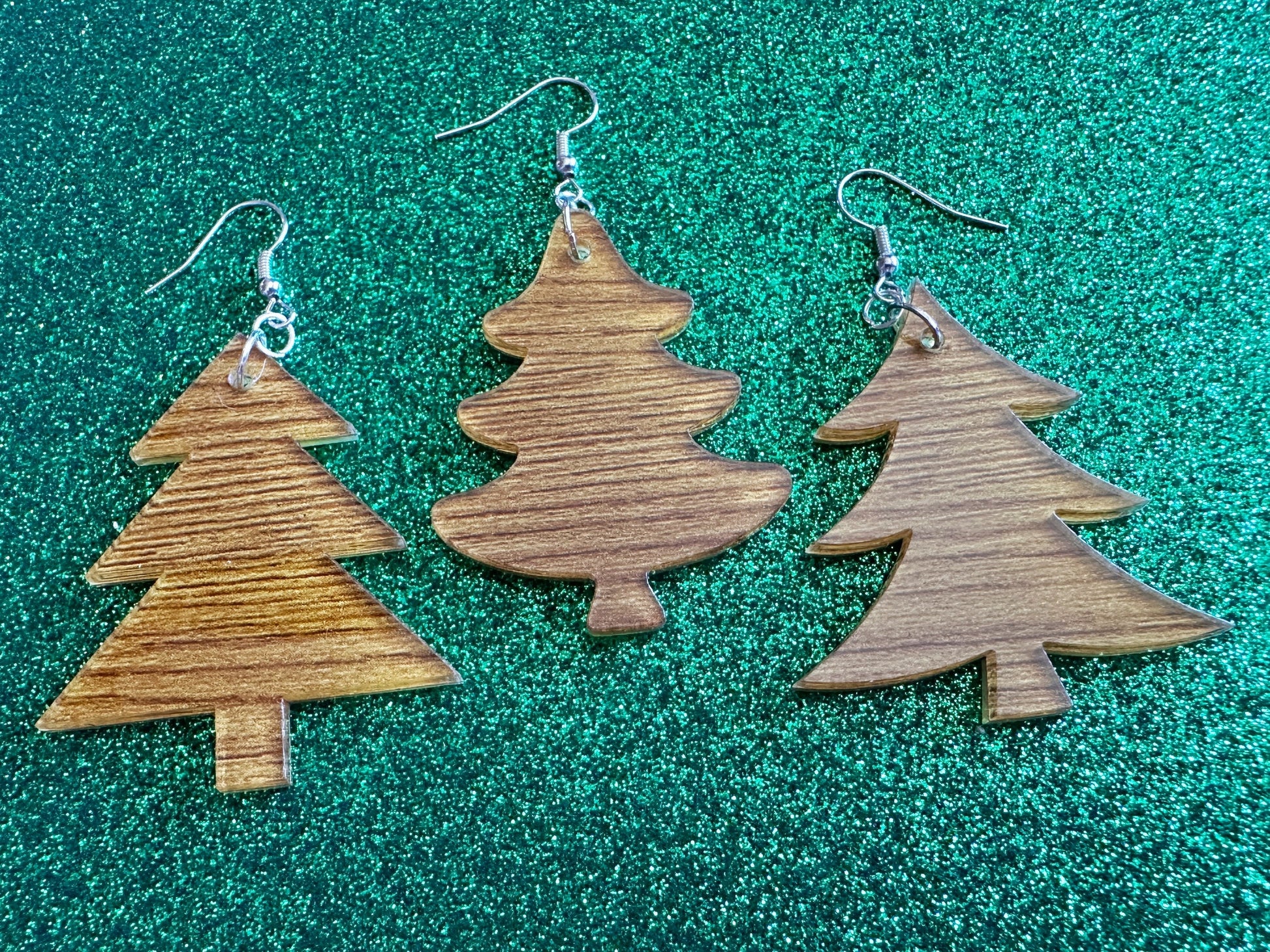 Faux Wood Christmas Tree Earrings: Laser Cut Acrylic Trees, Imitation Wood Earrings, Xmas, Winter, Gifts for Her/Him/Them