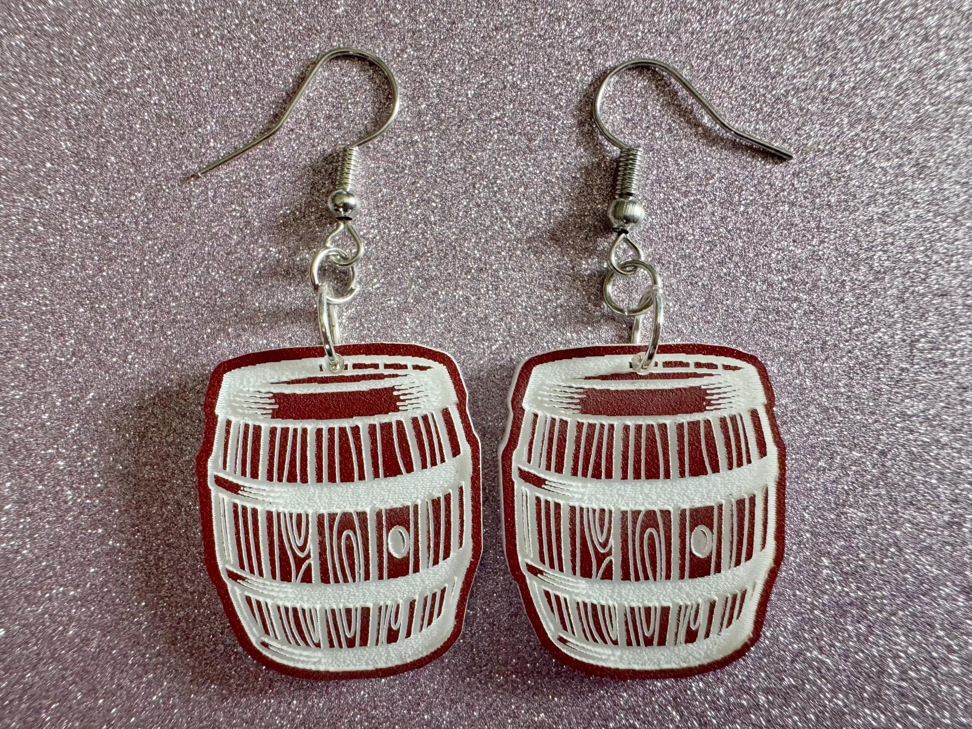 Faux Wooden Barrel Earrings: Laser Cut Acrylic Barrels, Western Theme, Cowboy Earrings, Wine Barrel, Novelty, Best Gifts for Her/Him/Them