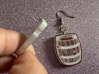 Faux Wooden Barrel Earrings: Laser Cut Acrylic Barrels, Western Theme, Cowboy Earrings, Wine Barrel, Novelty, Best Gifts for Her/Him/Them