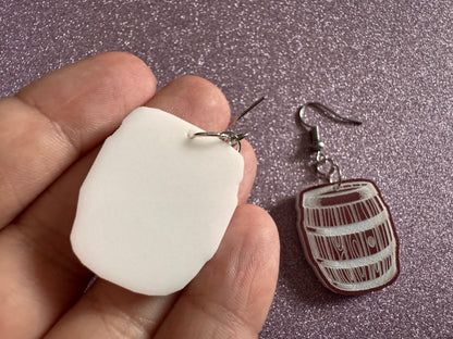 Faux Wooden Barrel Earrings: Laser Cut Acrylic Barrels, Western Theme, Cowboy Earrings, Wine Barrel, Novelty, Best Gifts for Her/Him/Them